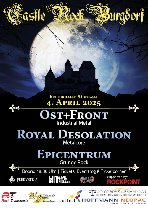Der Fyler des 11. CastleRockBurgdorf 2025 mit Ost+Front, Royal Desolation und Epicentrum.